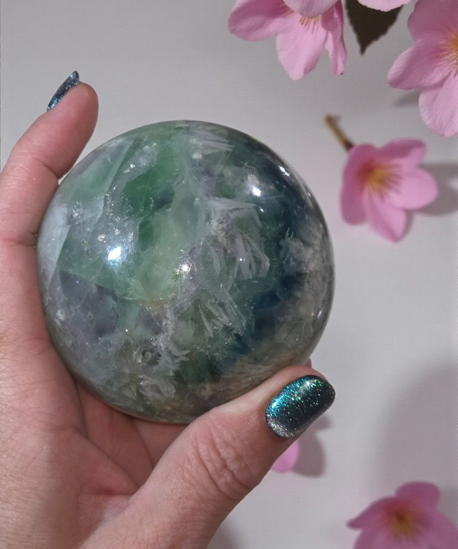 Feather fluorite sphere