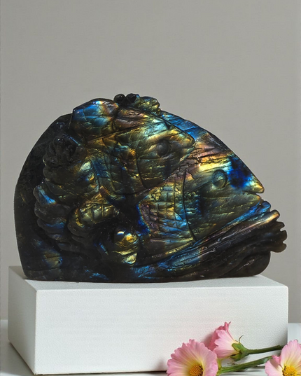 Amazing flash high grade labrodorite fish family carving
