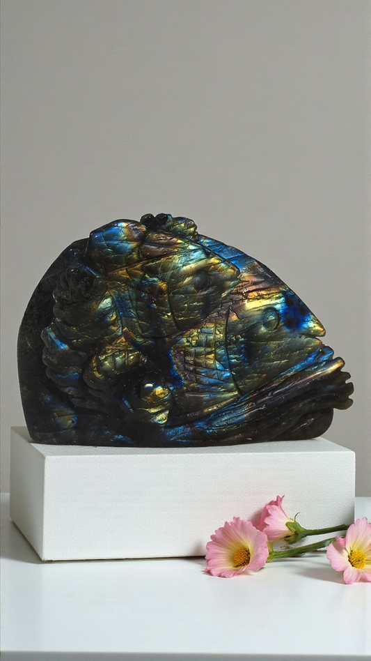 Amazing flash high grade labrodorite fish family carving