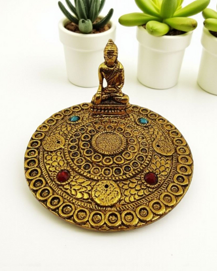 Incense Holder ROUND GOLDEN BUDDHA with gems
