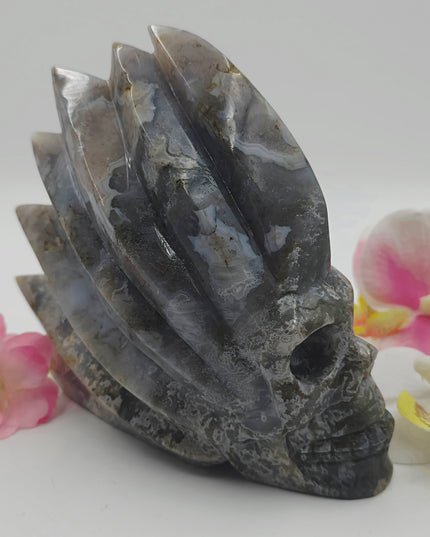 Uniquely Beautiful Moss agate Skull Carvings