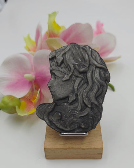 Silver Sheen Obsidian Medusa Carving