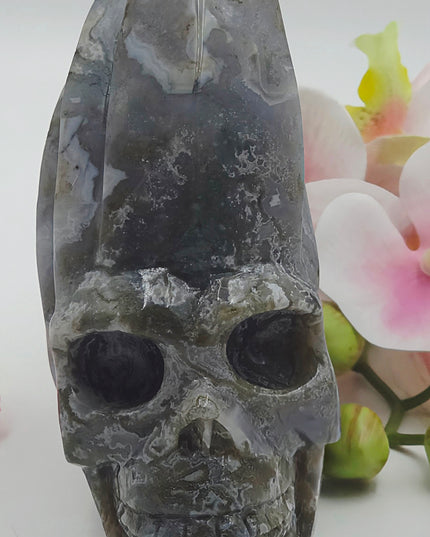 Uniquely Beautiful Moss agate Skull Carvings