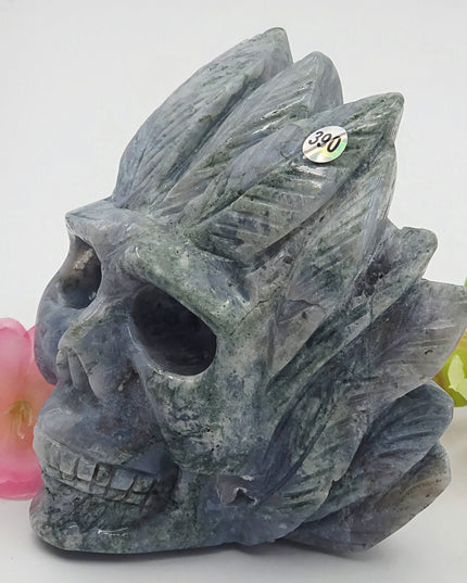 Unique Moss Agate Skull Carving