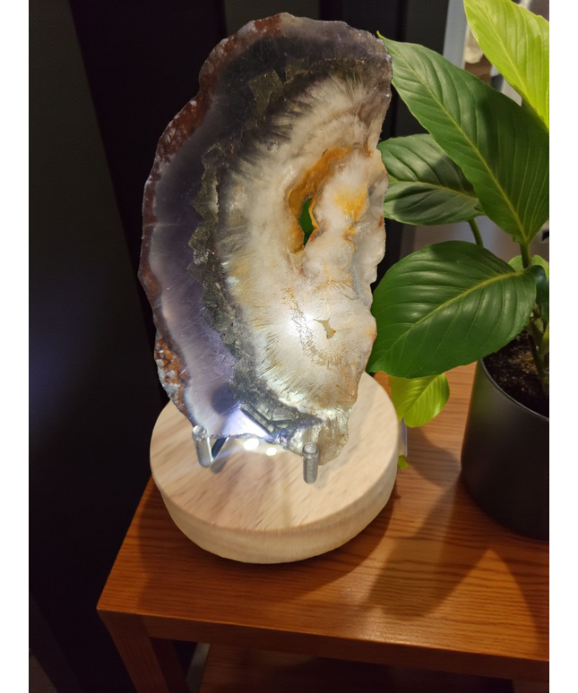 Rainbow fluorite, acicular pyrite slice & light base