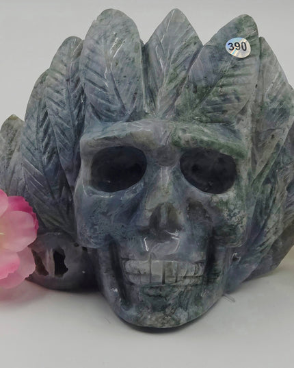 Unique Moss Agate Skull Carving