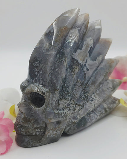 Uniquely Beautiful Moss agate Skull Carvings