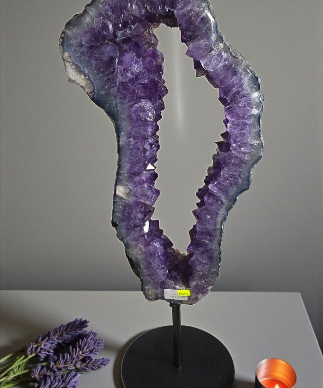 Stunning huge amethyst portal with Moss, calcite and rare rutile flowers