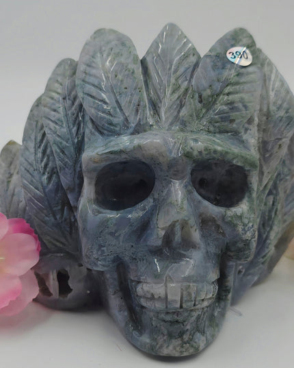 Unique Moss Agate Skull Carving