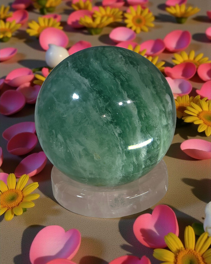 Green feather fluorite sphere