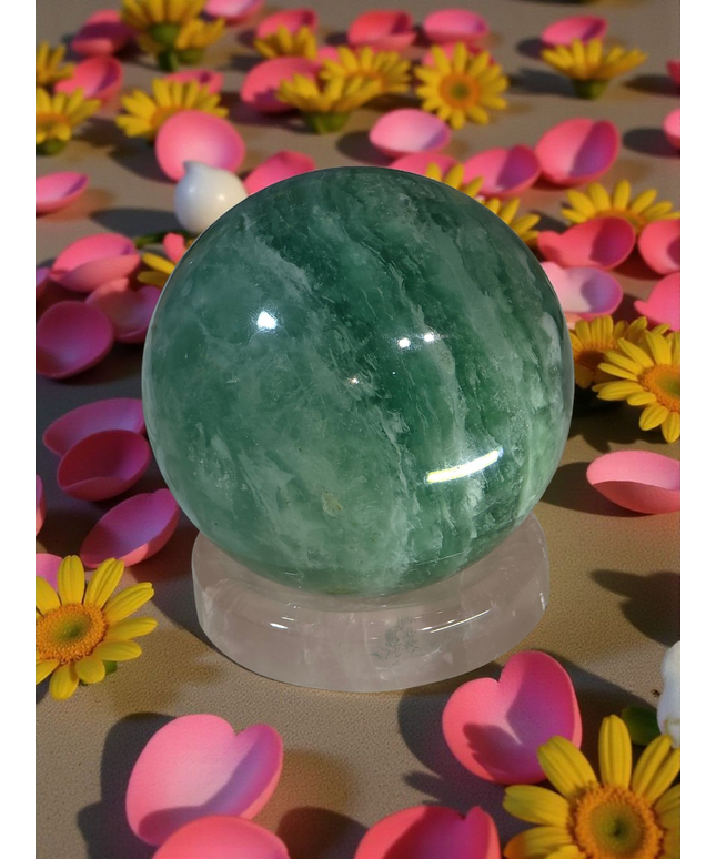 Green feather fluorite sphere