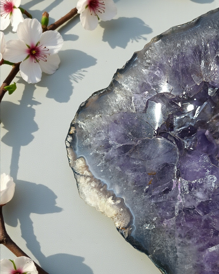 Stunning huge amethyst portal with Moss, calcite and rare rutile flowers